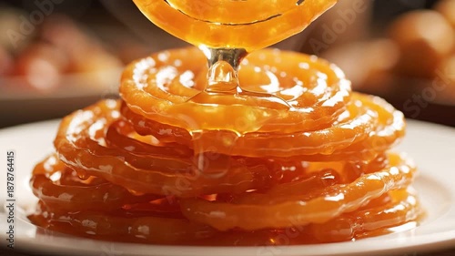 Pouring Sugar Syrup on Fresh Crispy Jalebi Stack for Traditional Sweetness