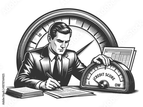 businessman reviewing paperwork next to a gauge indicating low credit score, symbolizing financial evaluation sketch engraving generative ai fictional character vector. Scratch board. Black and white
