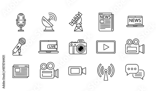 Monochrome journalism and media broadcasting vector icons with live news and communication symbols