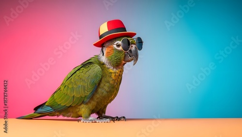 Vibrant parrot in stylish hat and sunglasses on colorful background