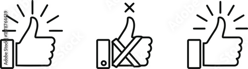 Set of thumbs up icons including glowing variations and rejected symbol with cross for social media engagement feedback and user interaction analysis in minimalist line art style for web designer