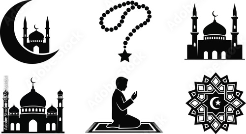 Islamic symbols collection featuring mosque designs prayer beads and silhouette of man praying on rug with geometric arabesque patterns for ramadan kareem and eid celebration cultural decorations