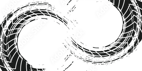 Tire tread marks, drift, motorsport, motocross, rally, tread mark with skid, grinding, splash effect. Graphic set of tire treads, wheel texture, car racing. Vector collection, wheel treads on asphalt