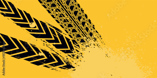 Grunge car tire marks on yellow background with splashes, template for business card with copy space. Vector illustration.