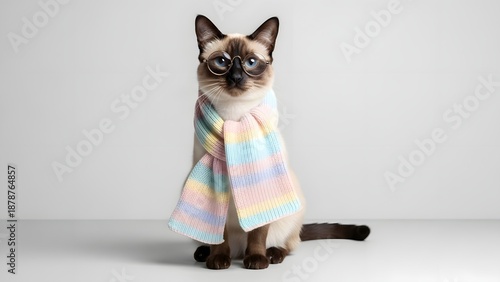 Adorable Siamese cat wearing colorful scarf and glasses