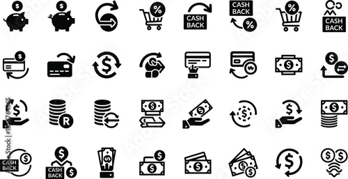 Collection of various business and finance icons in black and white