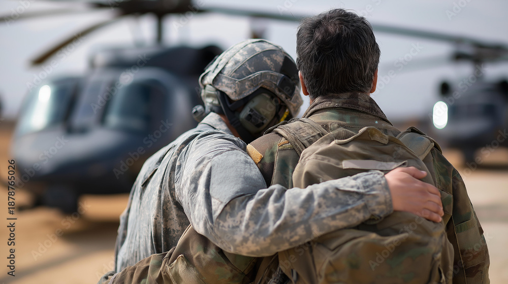 Obraz premium Faceless military medic aiding soldier on battlefield with helicopters background, combat medical assistance, emergency field care scene, with copy space