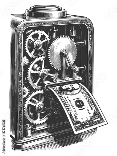 gear-driven machine producing dollar bills, symbolizing profit generation, automation, and financial systems sketch engraving generative ai vector illustration. Scratch board. Black and white image.