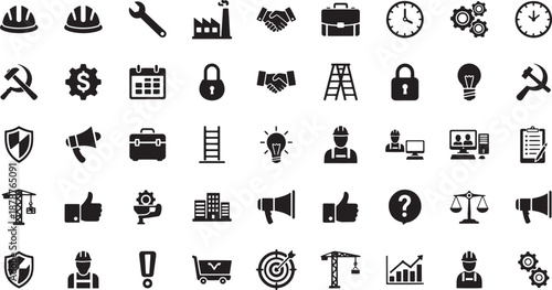 Labor Web Icon Set in Line Style Vector illustration. Collection of Construction Linear Icons, Including labour day, renovation, repair, work tools