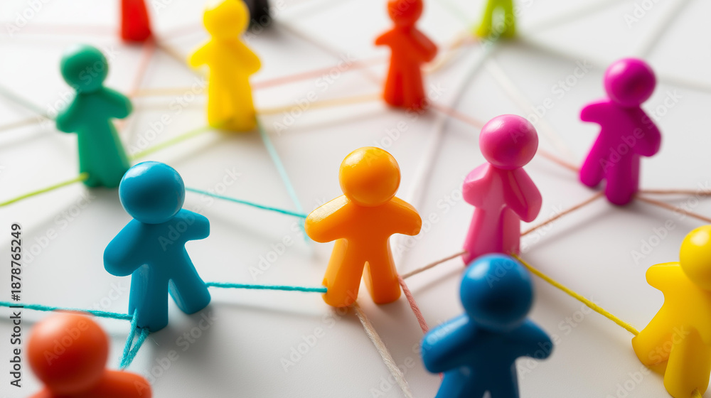 Obraz premium Top-down view of multicolored toy people connected by threads creating web-like pattern, white background emphasizing vivid colors, playful design, with copy space