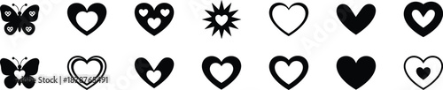 Hearts Vector Icon Set. Featuring diverse love symbol shapes solid, outline, double heart and butterfly. Ideal for Valentine's Day, romantic designs, and emotional expressions. Vector set.