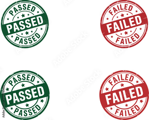 Passed Failed Rubber Stamp Set. Featuring green PASSED and red FAILED circular seals with a worn texture. Representing achievement, approval versus inadequacy, rejection. Vector graphic elements.