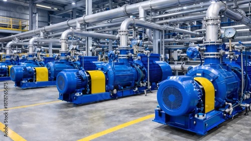 Industrial pump and piping system at a chemical processing plant facility.

