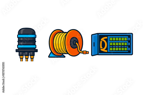 Network icons: data connector, cable reel, and server rack