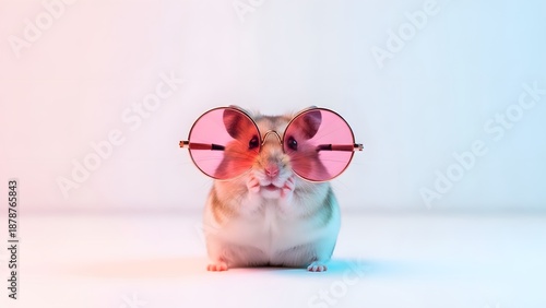 Cute hamster wearing trendy pink sunglasses on white background