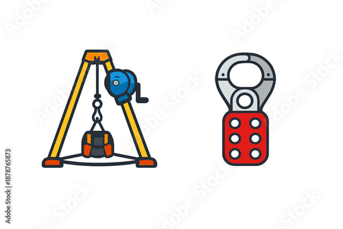 Tripod hoist and carabiner icon set