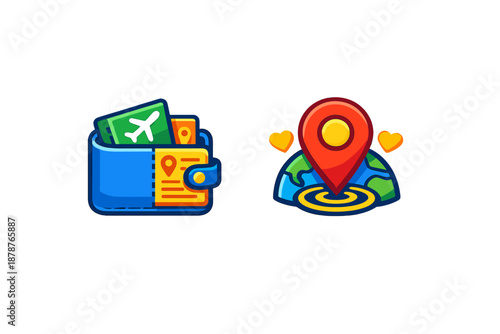 Travel icons: wallet with passport and airplane ticket, and map pin on world globe with hearts