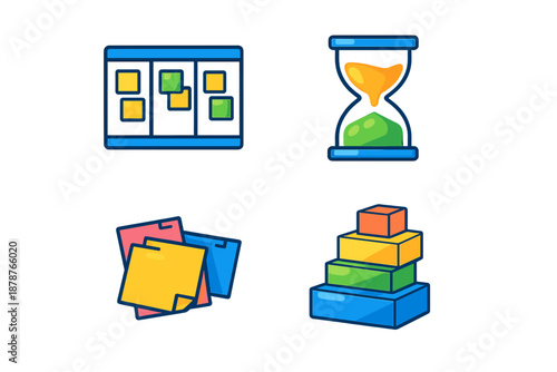 Collection of four flat design icons representing Kanban board, hourglass, sticky notes, and building blocks