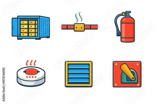 Server Rack with Hard Drives, Fire Extinguisher, Vent, Heat Sensor, and Breaker