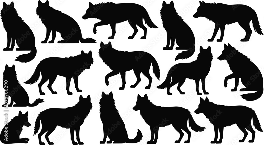Obraz premium Wolf Silhouette Vector Set. Featuring diverse canine poses standing, walking, sitting, reclining, and howling. Ideal for wildlife designs, forest illustrations, and wilderness themes. Vector graphic.