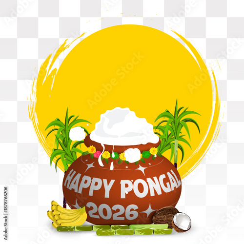Happy Pongal 2026 Festival Illustration with Traditional Clay Pot and Sugarcane on Transparent Background