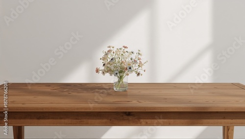 Simple Wooden Table with Beautiful Flower Bouquet in Bright Room