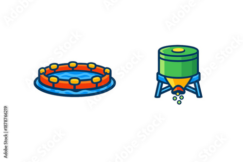 Fish farm equipment and feed dispenser icons