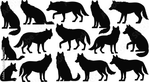 Wolf Silhouette Vector Set. Featuring diverse canine poses standing, walking, sitting, reclining, and howling. Ideal for wildlife designs, forest illustrations, and wilderness themes. Vector graphic.