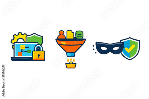 Cybersecurity, Sales Funnel, and Threat Icons on Dark Background