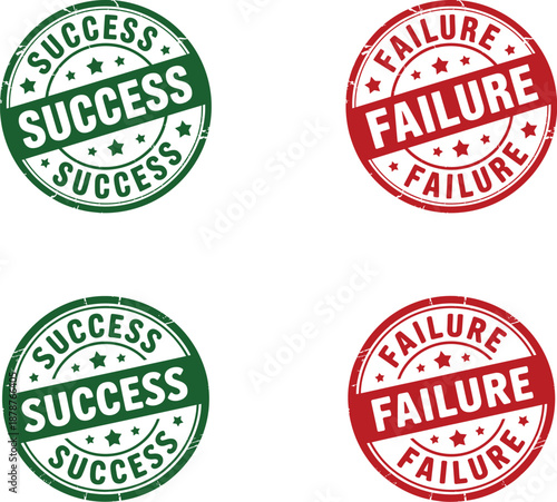 Success Failure Rubber Stamp Set. Featuring green SUCCESS and red FAILURE circular seals with a distressed effect. Indicating achievement, triumph versus defeat, setback. Vector graphic elements.