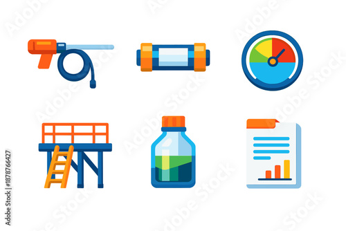 Set of stylized industrial icons with glowing effect