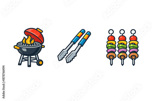 Barbecue icons with grill, tongs, and skewers
