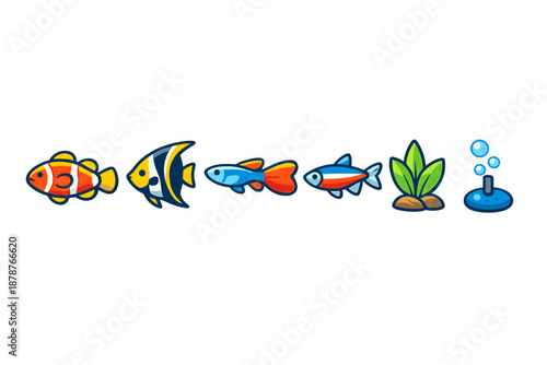 Cute Aquarium Icons with Fish and Plants