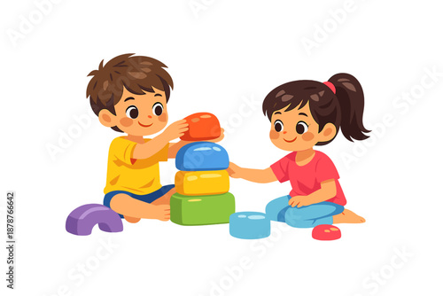 Two children playing with colorful stacking blocks