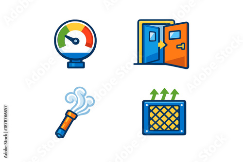 Four icons of a gauge, open doors, a flare, and a vent