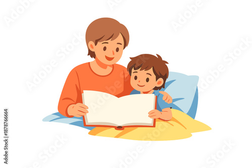 Mother reading a book to her son at bedtime
