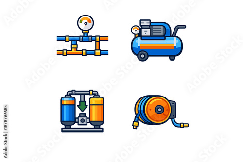 Set of industrial equipment icons on a dark background