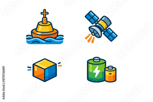 Four abstract technology icons in neon blue and orange