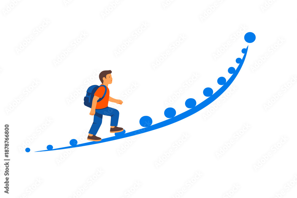 Obraz premium Boy climbing a glowing blue staircase towards success