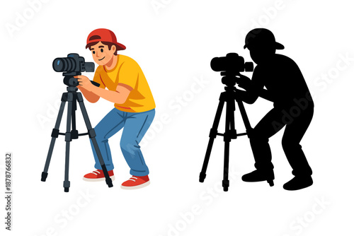 Young man with camera on tripod, artistic illustration