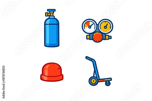 Set of flat icons: gas cylinder, pressure gauges, alarm light, and trolley