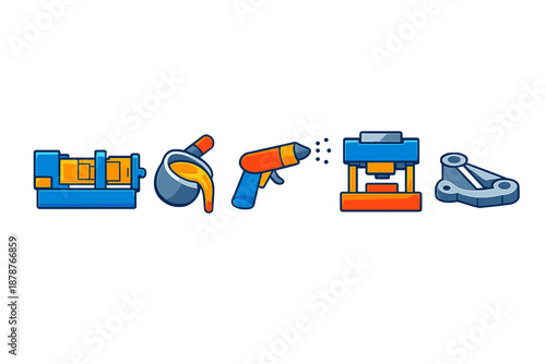 Manufacturing equipment icons with blue, orange, and gray colors