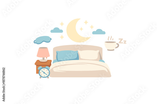 Cozy bedroom scene with bed, nightstand, and moon