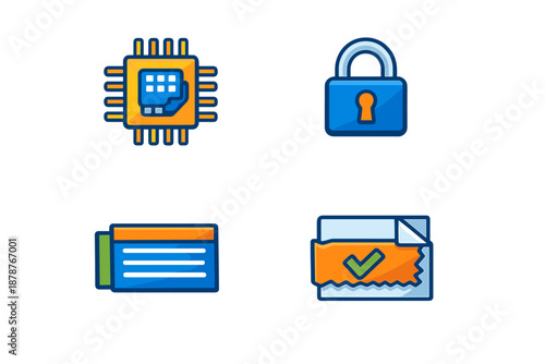 Set of four digital security and finance icons