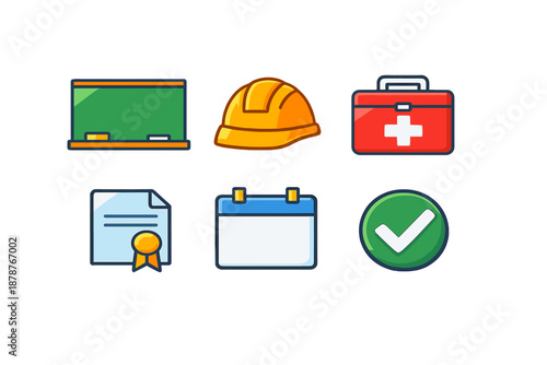 Set of six flat design icons related to construction, education, and healthcare
