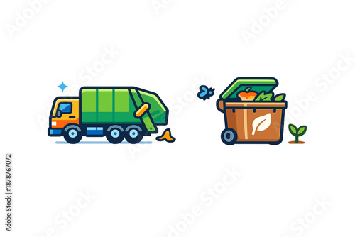 Garbage truck and compost bin icons