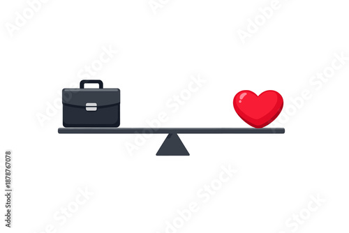 Balance between work and personal life represented by a briefcase and a heart on a scale.