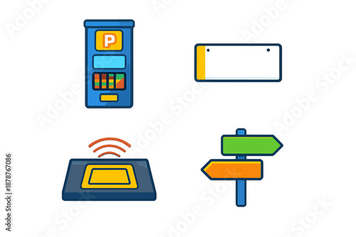 Parking Meter, License Plate, Wireless Charger, and Directional Sign Icons