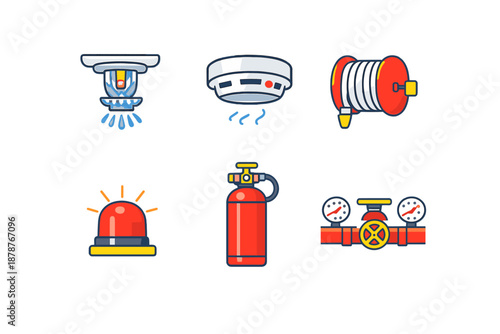 Fire safety equipment icons set