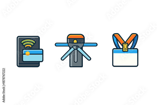 Icons representing contactless payment, turnstile access, and ID badge